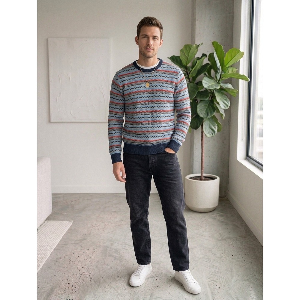 14th & Union Mens Fair Isle Crew Neck Sweater Blue Red Geometric Knit Grandpa L